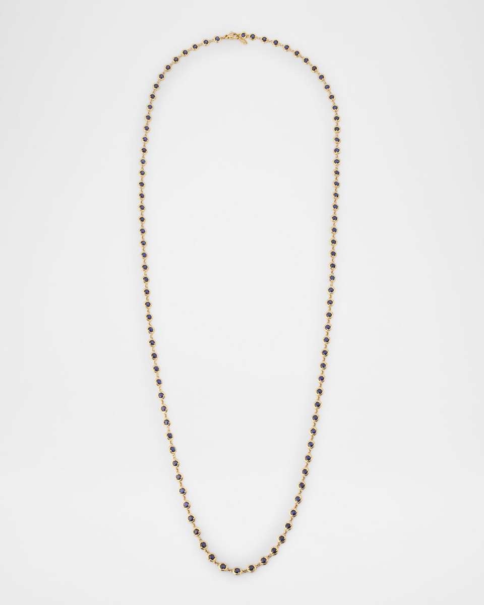 18K Yellow Gold Long Necklace with White Diamonds and Blue Sapphires, 42"L